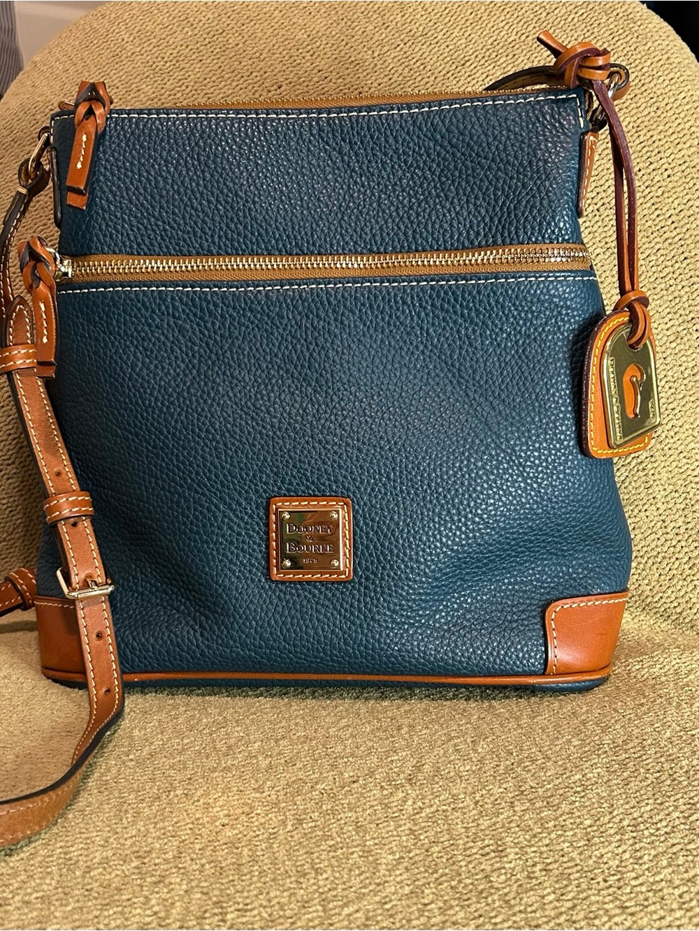 Dooney & Bourke Teal Pebble Leather Crossbody with Tan Trim and Gold Hardware